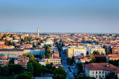 High angle view of cityscape against clear sky