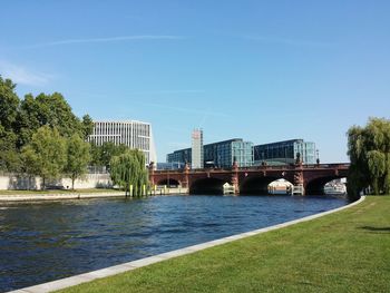 View of bridge over river in city