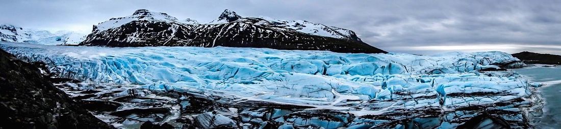 Panoramic shot of frozen lake against sky