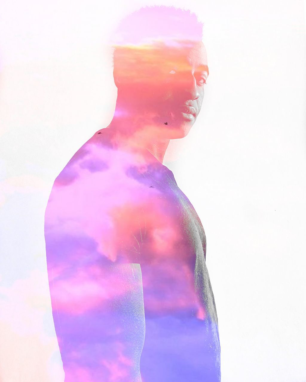 DIGITAL COMPOSITE IMAGE OF MAN AGAINST CLOUDS OVER WHITE BACKGROUND