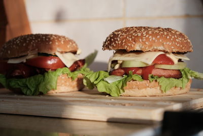 Close-up of burger on table