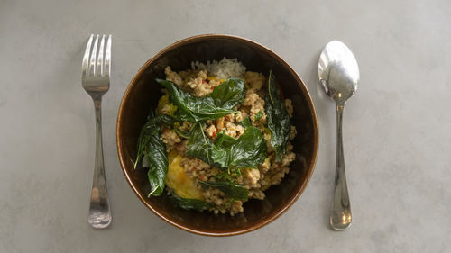 High angle view of food in bowl on table