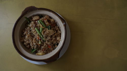 High angle view of food in bowl on table