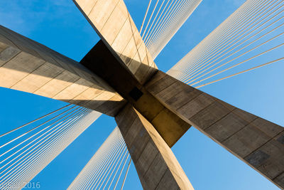 Directly below shot of rabat bridge against clear blue sky