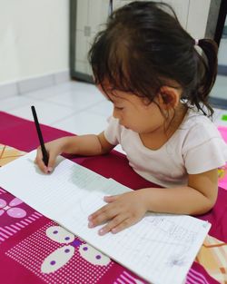 High angle view of girl making face on paper