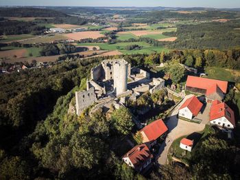 High angle view of buildings and castle