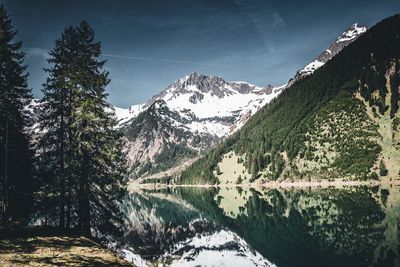 Scenic view of snowcapped mountains and lake against sky