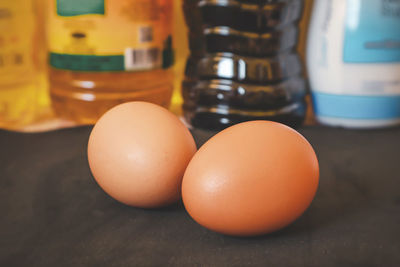 Close-up of eggs in container on table