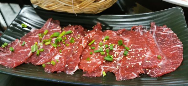 High angle view of meat on table