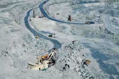 High angle view of snow covered road