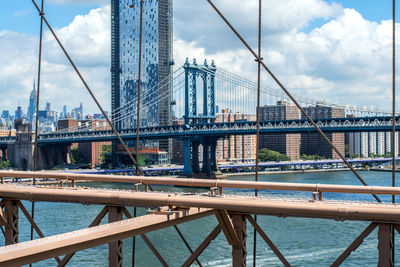 Bridge over river with cityscape in background