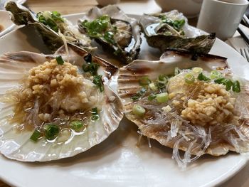 High angle view of food served in plate
