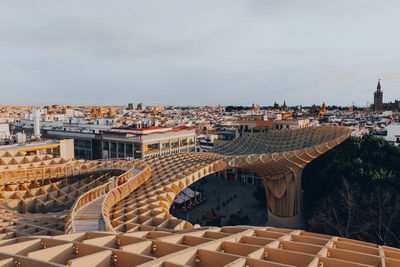 High angle view of buildings in city