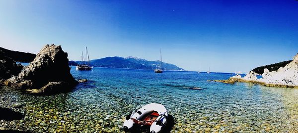 Scenic view of sea against clear blue sky