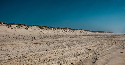 View of sandy beach against clear sky