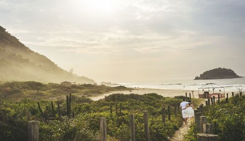 Rear view of couple walking amidst plants at beach against sky