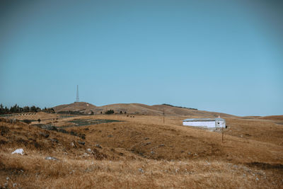 Scenic view of land against clear blue sky