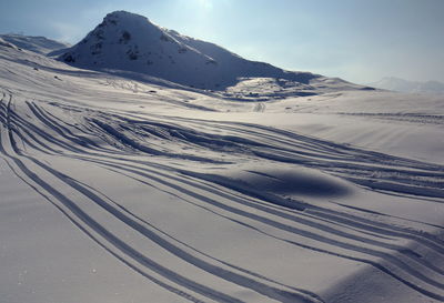 Scenic view of snow mountains against sky