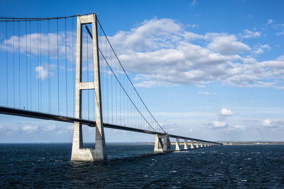 Suspension bridge over sea against sky