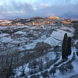 Aerial view of snow covered landscape