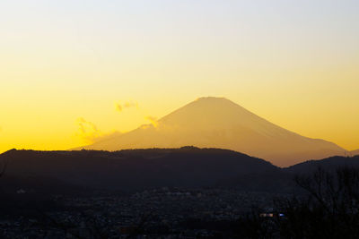 Scenic view of silhouette mountains against sky during sunset