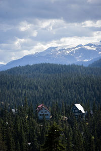 Scenic view of trees and mountains against sky