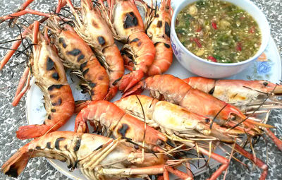 High angle view of prawns