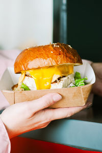 Cropped hand of person holding freshly prepared vegan burger with tofu