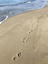 High angle view of footprints on beach