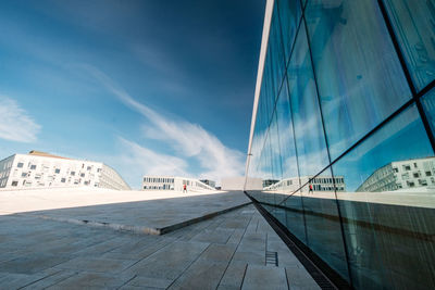 Low angle view of modern building against blue sky