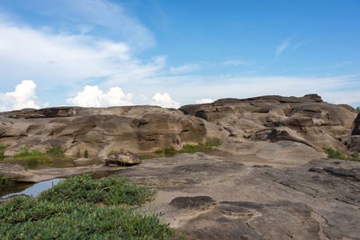 Rock formations on landscape against sky