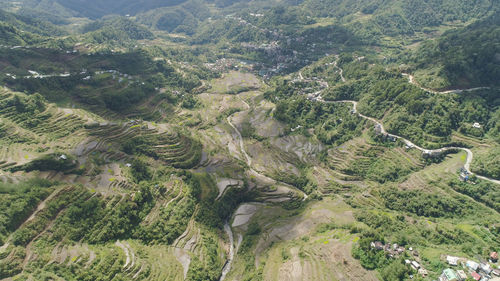 Aerial view of rice terraces on the slopes of the mountains, banaue, philippines. 