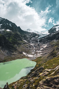 Scenic view of mountains, glacier and lake against sky