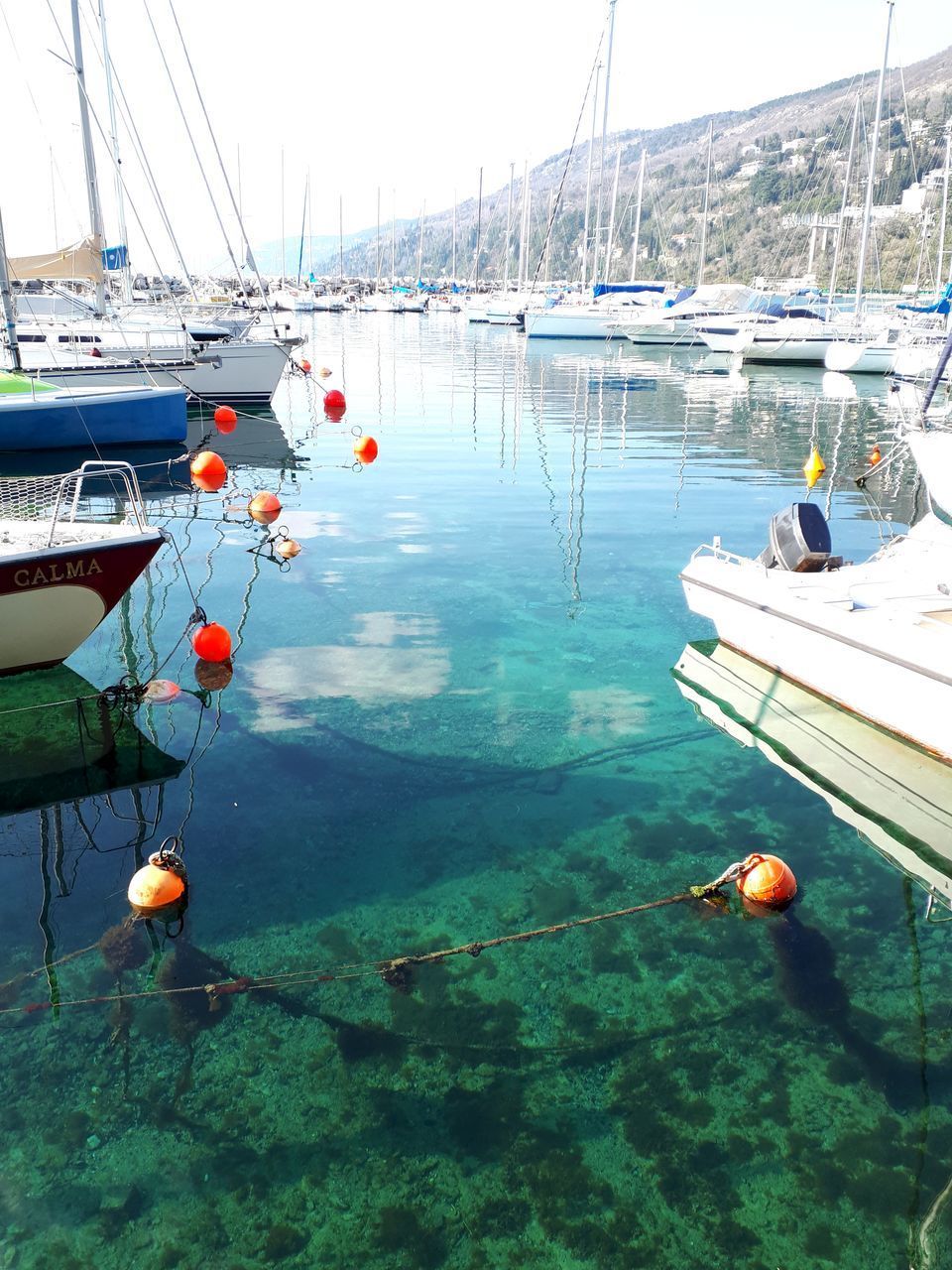 HIGH ANGLE VIEW OF BOATS MOORED IN HARBOR