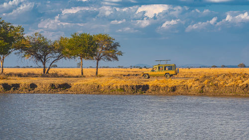 Scenic view of a safari vehicle in grasslands 