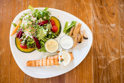 High angle view of food served in plate