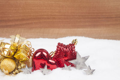 Close-up of christmas decoration on snow