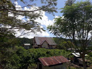 Houses and trees in forest against sky