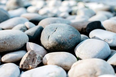 Multicolored smooth natural stones close up with bokeh