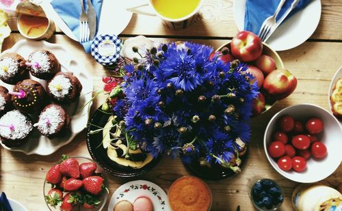 High angle view of breakfast served on table