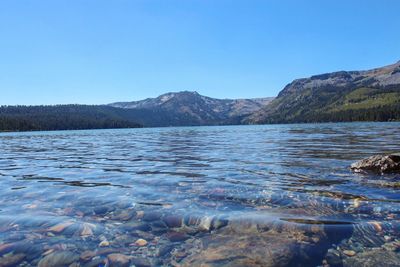 Scenic view of lake against clear blue sky