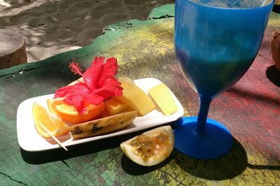 Close-up of fruits in plate on table