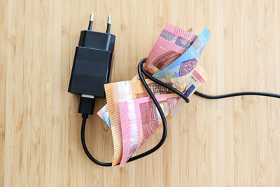 High angle view of personal accessories on table