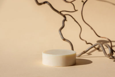Round stone podium mock-up against the background of tree branches to display eco products 