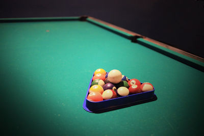 High angle view of multi colored balls on table