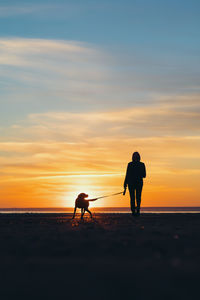 Silhouette of a man and a dog on the sea against the sunset. a walk in nature for a woman with a pet