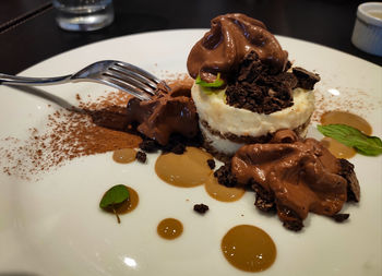 Close-up of chocolate cake in plate