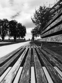 Empty footpath amidst trees against sky