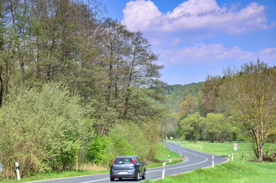 Car on road by trees against sky