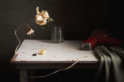 Still life with dried rose and a vintage hairdryer